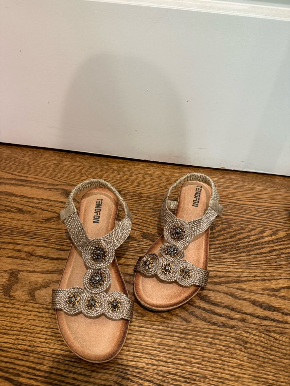Temofon Embroidered Beaded Sandals in Metallic Gold